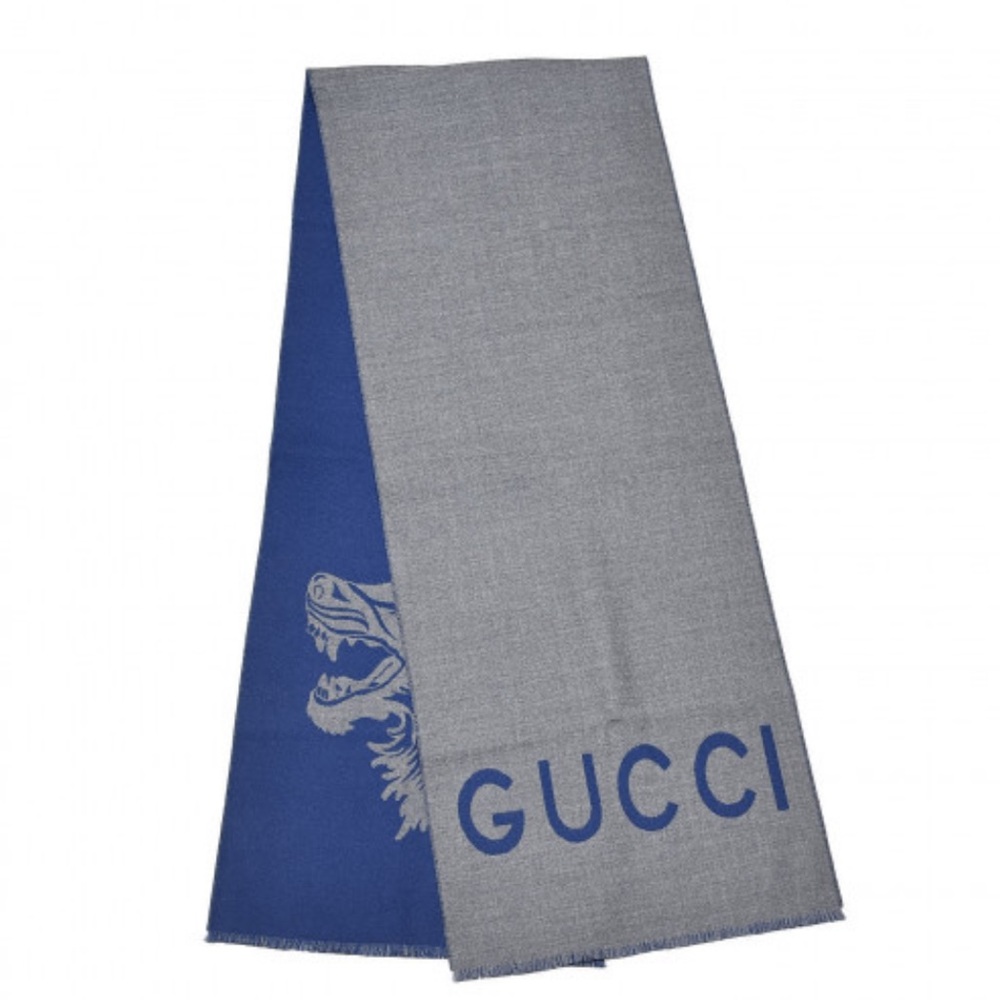Gucci Blue and Gray Wool Scarf with Wolf Design 71” x 14”